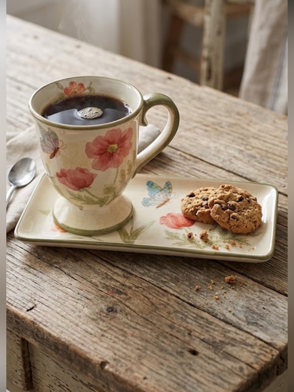 Mug Tray Set Butterfly Garden Stoneware Plate Large Mug Lunch/Meal Serving Set